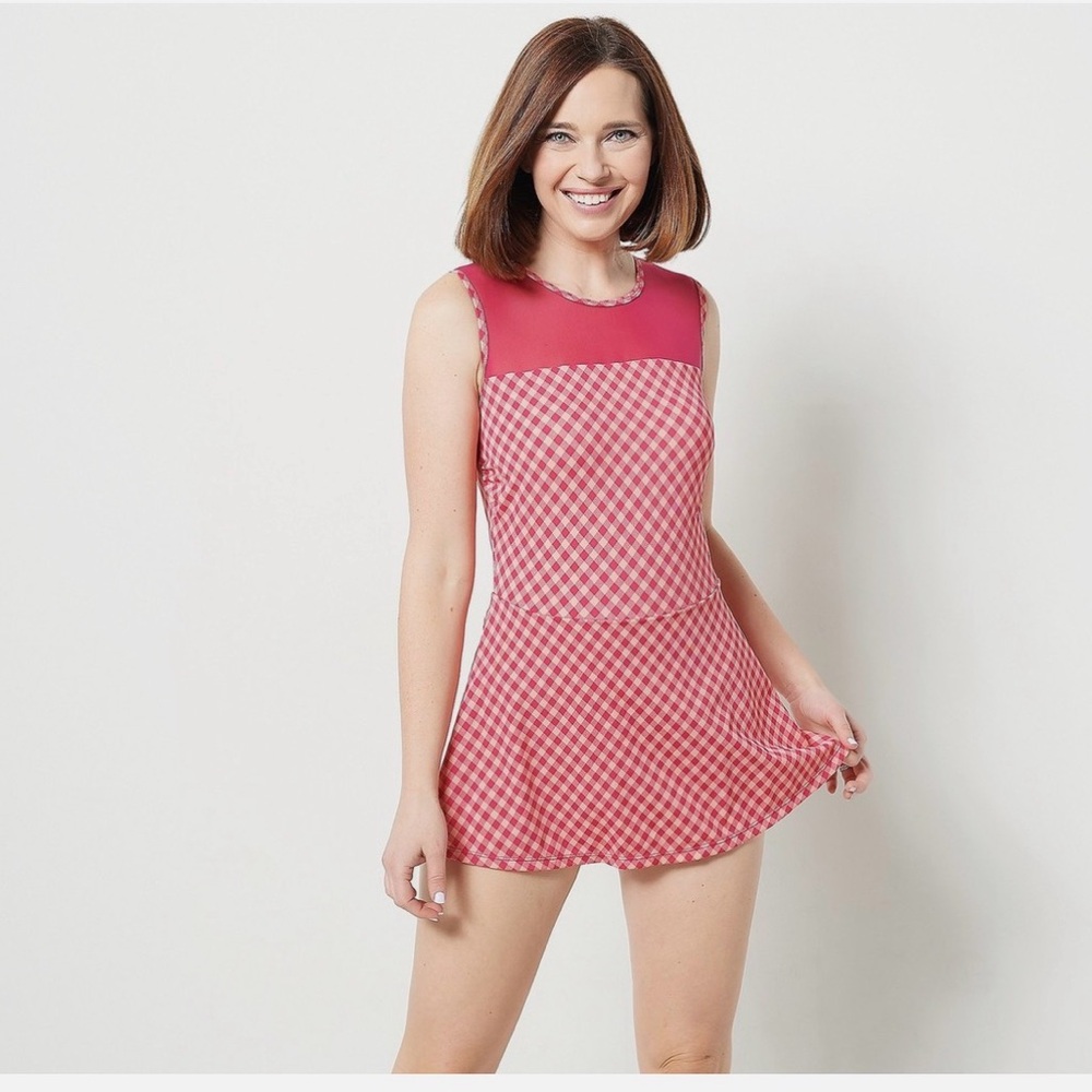 Denim & Co Fuchsia Gingham SwimDress Size 18W  NWOT